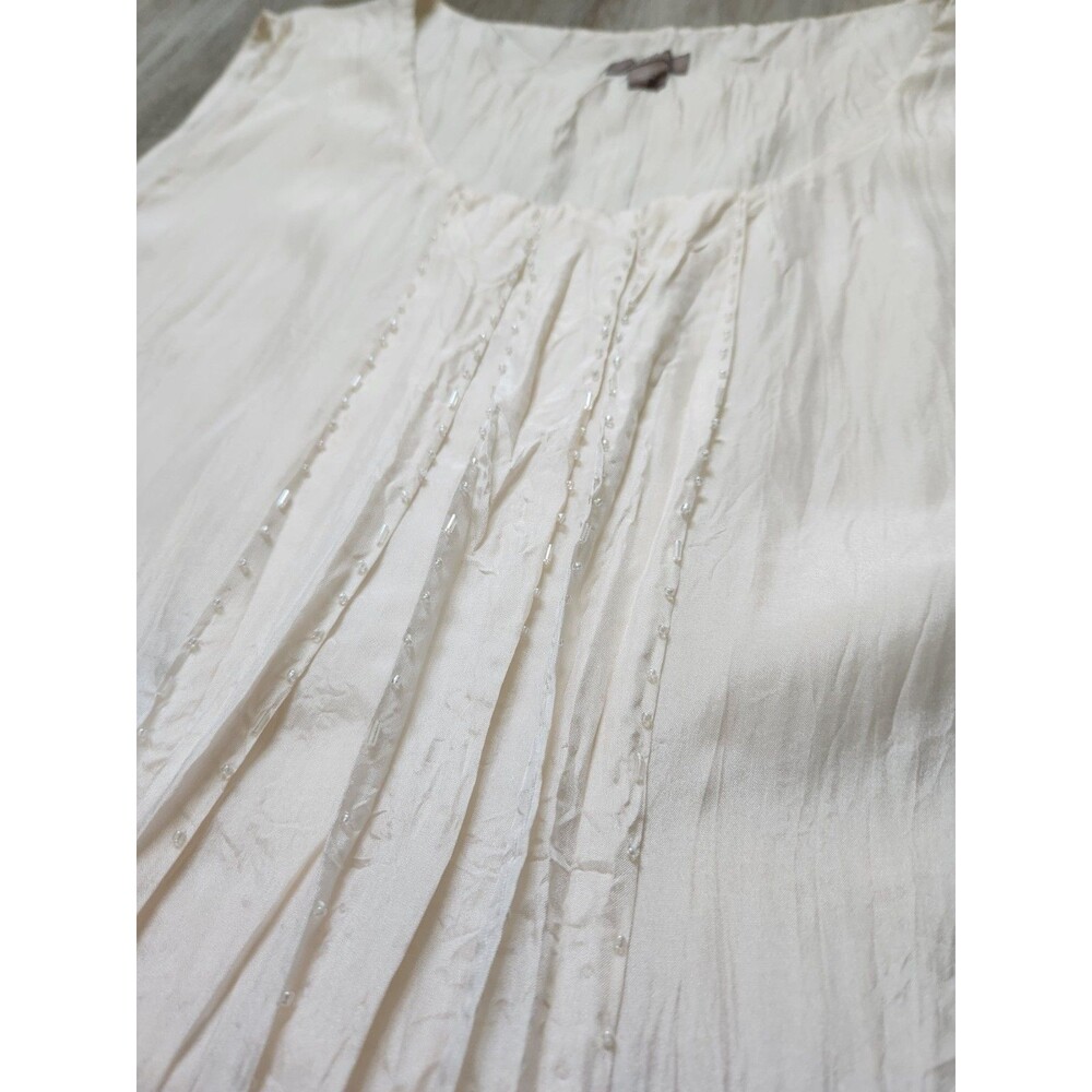 J. Jill 100% Silk Sleeveless Blouse Ivory Beaded Pleated Flowy Lined Top L EUC - Picture 2 of 8